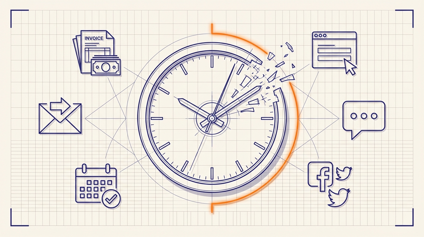 Unternehmer gefangen in einem Hamsterrad aus Routinearbeit – symbolisiert die täglichen Zeitfresser durch manuelle, repetitive Aufgaben